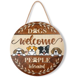 Dog Welcome Sign for Front Door Decor, Farmhouse Adorable Rustic Wood Hanging Sign, Dogs Welcome People Tolerated Signs for Home Porch Office, Housewarming Gifts for Dogs Lovers Pet Owners, 11.8x11.8 Inch
