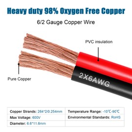 6 Gauge Wire 2 Conductors Copper Wire, 6 AWG Battery Cable Oxygen Free Copper Wire for Solar Panel, Automotive, Trailer, RV and Speaker (6 Gauge 5FT)