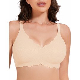 MOEOZLLO Floral Wireless Bras for Women No Underwire Seamless Bralettes for Women with Support V Neck Wavy Womens Bras -Beige,L