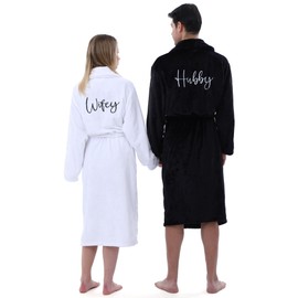 Jecery 2 Pack His and Hers Robes Gifts Flannel Embroidered Matching Robes Party Anniversary Wedding Gifts for Couples(Black,White)