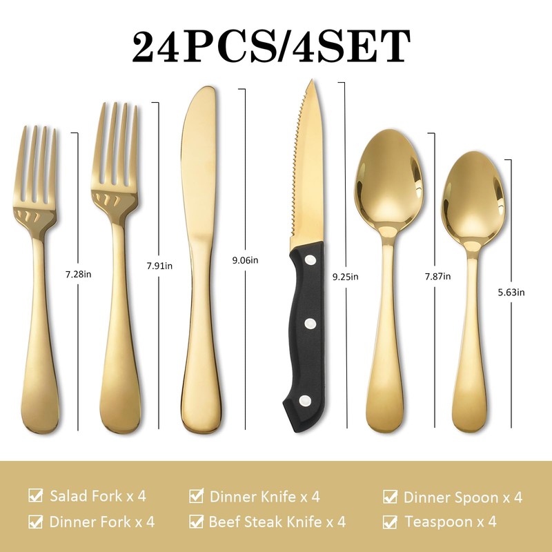KOOMADE Silverware Sets with Steak Knife - 24 PC Stainless