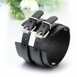 JewelryWe Punk Rock Mens Adjustable Wide Strap Belt Buckle Leather Bangle Cuff Bracelet, Fits 8.1"- 9.8" Wrist
