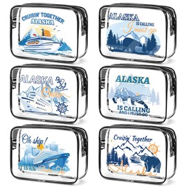 SEAOYOZO 6 Pcs Clear Alaska Makeup Bags Gifts for Women, Beach Cruise Cosmetic Bag,Alaska Cruise Essentials, Travel PVC Waterproof Toiletry Bags for Girls Sister Daughter Nurse Teacher