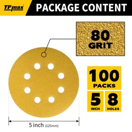 100PCS 125mm 8 Hole Sanding Discs Sandpaper, 80 Grit, Premium Gold Round Hook and Loop for Random Orbital Sander - Ideal for Wood, Metal, Automotive