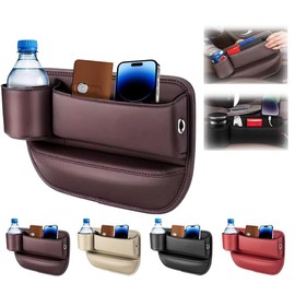 oddmmo Car Leather Cup Holder Gap Bag, Car Seat Gap Organizer with Water Cup Holder and Phone Charging Hole, Adjustable Leather Cup Holder Gap Bag, Car Seat Gap Filler Organizer (Brown, Driver Side)