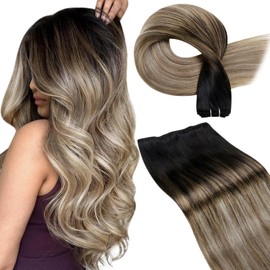 LaaVoo Black Hair Extensions Real Human Hair Weft 100g 20 Inch Remy Straight Natural Black to Light Brown with Dark Blonde Balayage Sew in Hair Extensions Invisible Double Weft Weave #1b/8/22