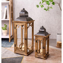 Large Farmhouse Decorative Wooden Lantern Set of 2, Rustic Brown Floor Lanterns, Indoor/Outdoor Hurricane Lanterns for Home Decor (No Glass)