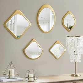 TEIPAI Gold Mirror Wall Decor for Living Room, 5PCS Irregular Decorative Wall Mounted Mirror Bedroom Decoration, Golden Asymmetrical Hanging Sculpture Home Accent for Dining Room Coffee Book Shop
