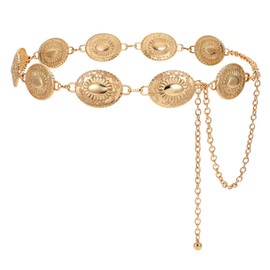 LEACOOLKEY Women Western Concho Metal Chain Belt Cowgirl Boho Waist Belt for Dress Jeans,Gold