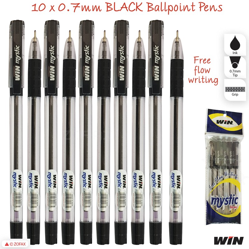 WIN 10 x 0.7mm Biro Tip Ball Pens Mystic BLACK