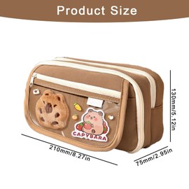 Capybara Large Capacity Pencil Case with Sticky Notes Stickers Pendants 210x130x75MM Cute Transparent Multi-Layer Pencil Case Cute Stationery Set Suitable for Middle School Students (Brown)