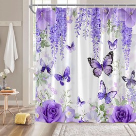 ZRUWUA Purple Floral Butterfly Shower Curtain Spring Watercolor Lavender Nature Garden Plant Bathroom Decor Curtain with Hooks,70" W x 70" L