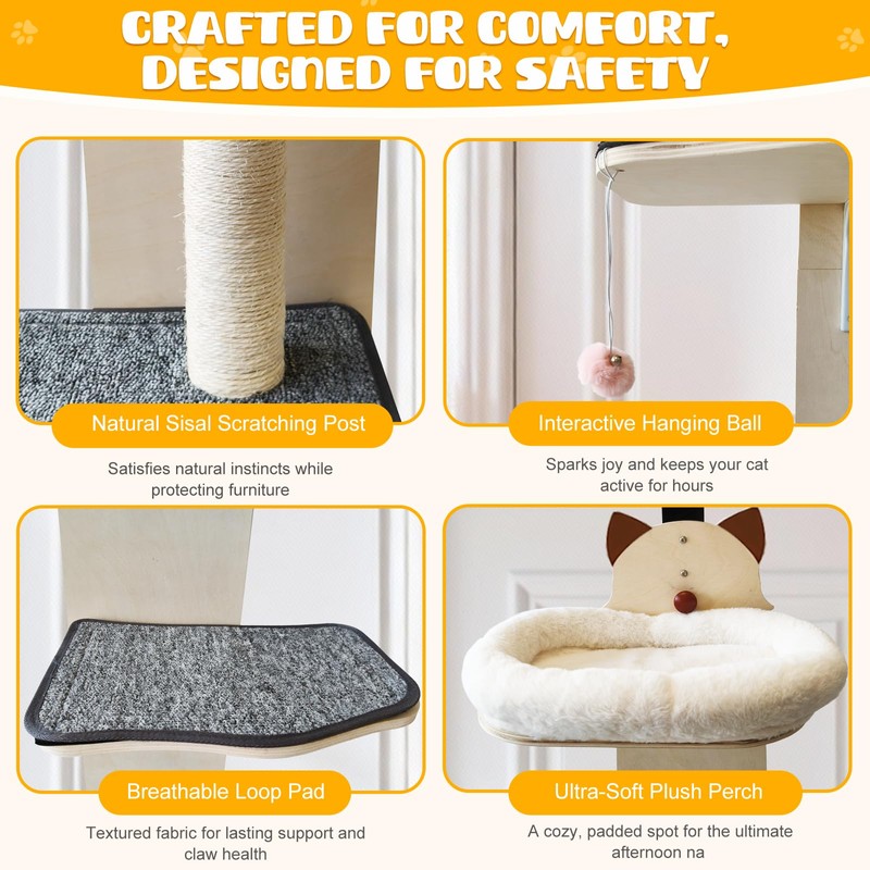 5-Levels Door Hanging Cat Climber, Vertical Door-Mounted Cat Tree Tower