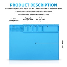 VOTCT Large Silicone Repair Mat Heat Resistant 932℉, Soldering Mat Has Magnetic Area and Multiple Parts Storage Areas For Repair Watch, Phone Other Electronic Product. Light Blue, Size: 17 x 12 Inch