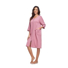 COLORFULLEAF Women's 100% Cotton Robe Lightweight 3/4 Sleeve Zip Front Robes Soft Knee Length Bathrobe Housecoat(Dusty Rose,L), Dusty Rose, Large