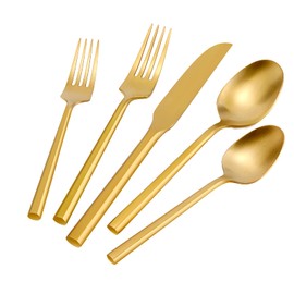 DEACORY Silverware Set Flatware Set Matte Gold Cutlery Set Brushed Brass Heavy Hexagon Handle Stainless Steel 20 Pieces Dishwasher Safe Service for 4
