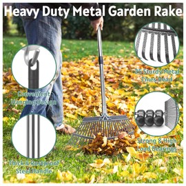 Jesosia Garden Rake for Leaves with Leaf Bag & Gloves - 65 Inch Adjustable 25 Tines Metal Rake Set with 72 Gallon Reusable Yard Waste Bags for Gardening Lawns Outdoor Camping Shrub Grass Bush