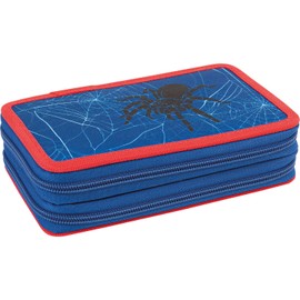 Eberhard Faber 577593 Double Decker Pencil Case with Spider Motif, Filled with 24 Pieces, Pencil Case with 2 Flaps and Zip