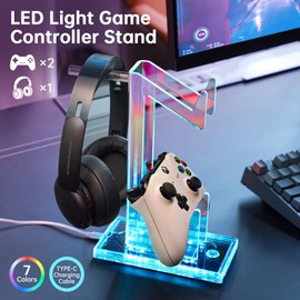 NiHome Iridescent LED Lighting Acrylic Multi-Tier Game Controller Holder & Headset Stand, USB-Powered 7 Colors & 3 Modes, Anti-Slip Gaming Accessories for Desktop, Cable Management (2 Tiers)