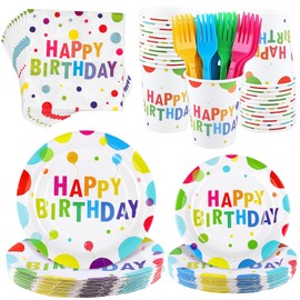 Kochorie 144 Pieces Happy Birthday Print Party Tableware Sets Including Disposable Plates Napkins Cups Forks Serves 24 for Birthday Party Supplies