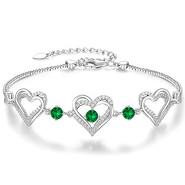 CDE Love Heart Bracelets for Women Girls 925 Sterling Silver with Birthstone Zirconia, Valentine's Mother's Day Christmas Birthday Anniversary Charm Link Chain Bracelet Jewelry Gifts for Mom Wife Girlfriend Her (Silver-05-May.)