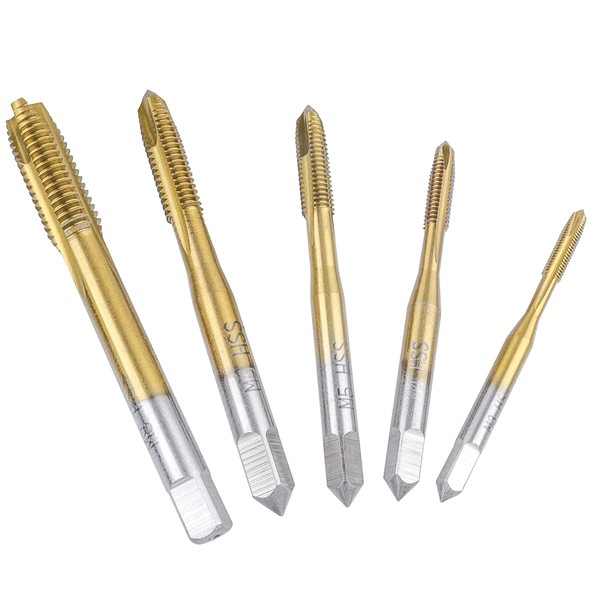Gasea 5pcs Spiral Point Tap Set, HSS Titanium Coating Threading