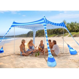 2PM SPORTS Beach Tent Canopy with UPF50+ UV Protection, Outdoor Large Beach Sun Shade Shelter for Family Picnic Camping Travel Shore Fishing, 8 Sandbags, Sand Shovel (Striped Blue, 10x10 FT)