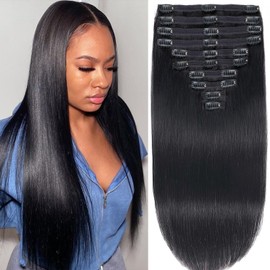 CanaryFly Clip in Hair Extensions Real Human Hair,14inch 10Pcs with 24Clips 150g,Straight Clip in Hair Extensions for Black Women Natural Black Color