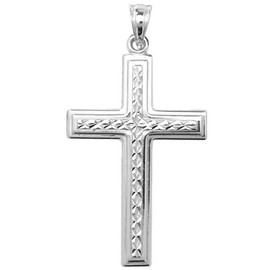Mens Sterling Silver Diamond Cut Cross Pendant On A 24 Inch Black Leather Cord Necklace