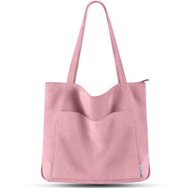 Prite Corduroy Tote Bag for Women Large Shoulder Bag with Zipper and Pockets for College School Work Travel Shopping (Pink)