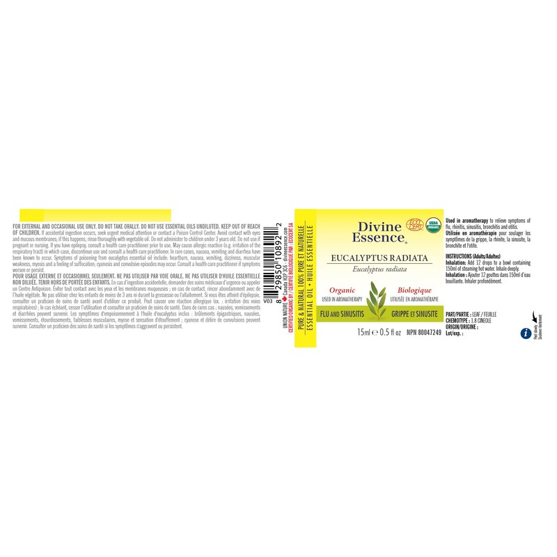 Divine Essence-Organic-Eucalyptus Radiata Essential Oil-100% pure & natural, ECOCERT, NPN:80047249