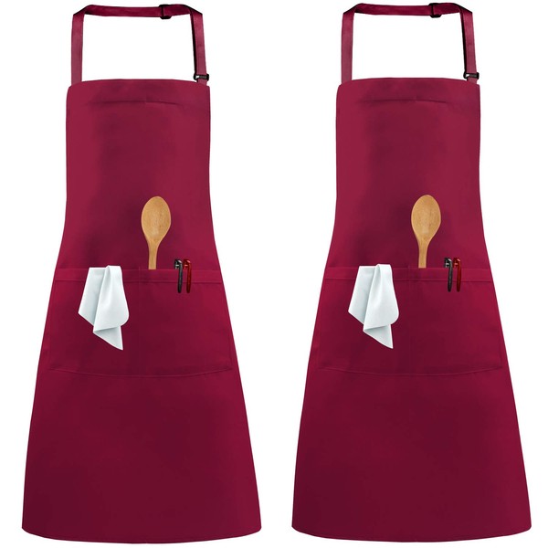 Auranso 2 Pack Aprons, Adjustable Neck Chef Apron with 2 Pockets Kitchen Cooking Apron for Women Men Home Baking Gardening BBQ Craft Restaurant Red