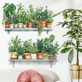 Green Plants Potted Wall Stickers, sacinora Green Leaves Wall Decals Removable Vinyl Peel and Stick for Kitchen Bathroom Study Room Living Room Bedroom Home Decorations