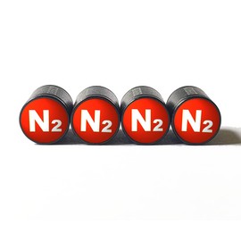 Red N2 Nitrogen (Style 1) Tire Valve Stem Caps - Black Aluminum - Set of Four