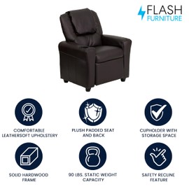Flash Furniture Flash Furniture Vana LeatherSoft Kids Recliner with Cup Holder, Headrest, and Safety Recline, Contemporary Reclining Chair for Kids, Supports up to 90 lbs., Brown