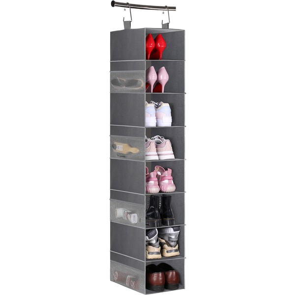 MISSLO 8-Shelf Hanging Shoe Storage Organiser for Wardrobe Shoe Rack with Large Shelf and Side Mesh Pockets for Handbags Clothes Hat Organizer, Grey