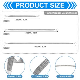 Kingdder 12 Pcs Ground Straps, 10/15/20 Inch Engine Universal Automotive Grounding Cable Straps Kit with Ring Terminals Flat Braided Copper Tinned Copper Ground Wire for Most Cars(Silver)