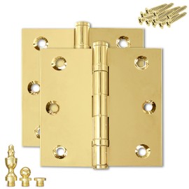 Finsbury Hardware Solid Brass Door Hinge Heavy Duty Ball Bearing Polished Shiny Gold 3x3 Inch with Decorative Screw-on Tips Included - Set of 2 Hinges (Polished Brass)