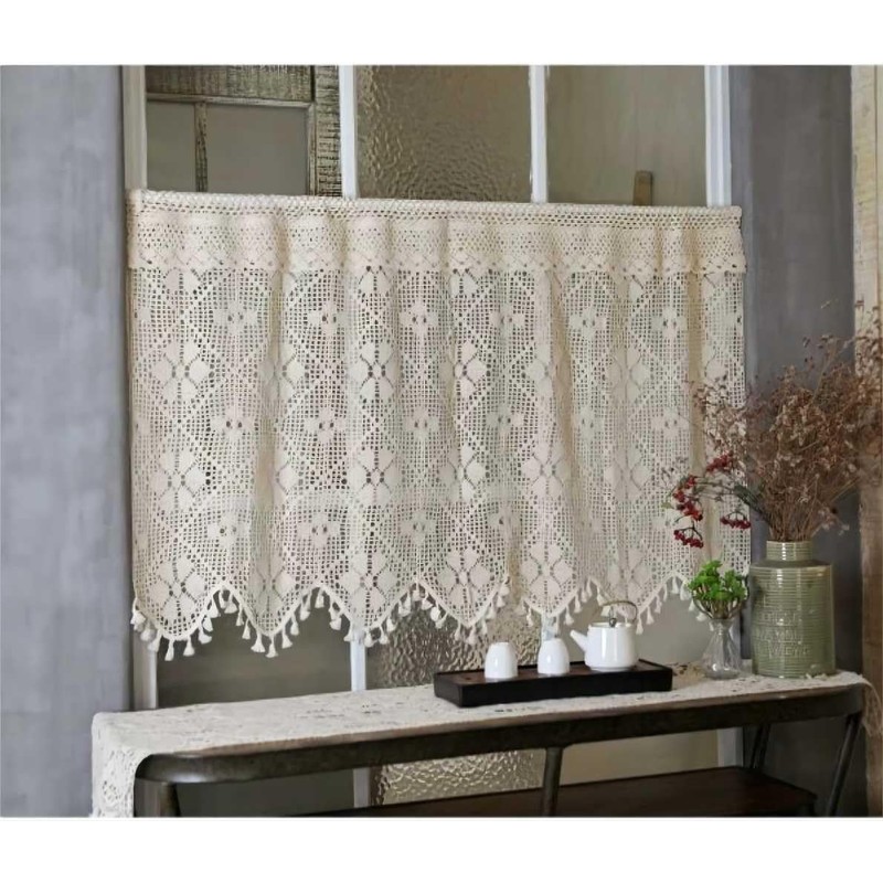 Yaland Bistro Curtain, Boho Curtain, Handmade Crochet Curtains with Cut-Outs,