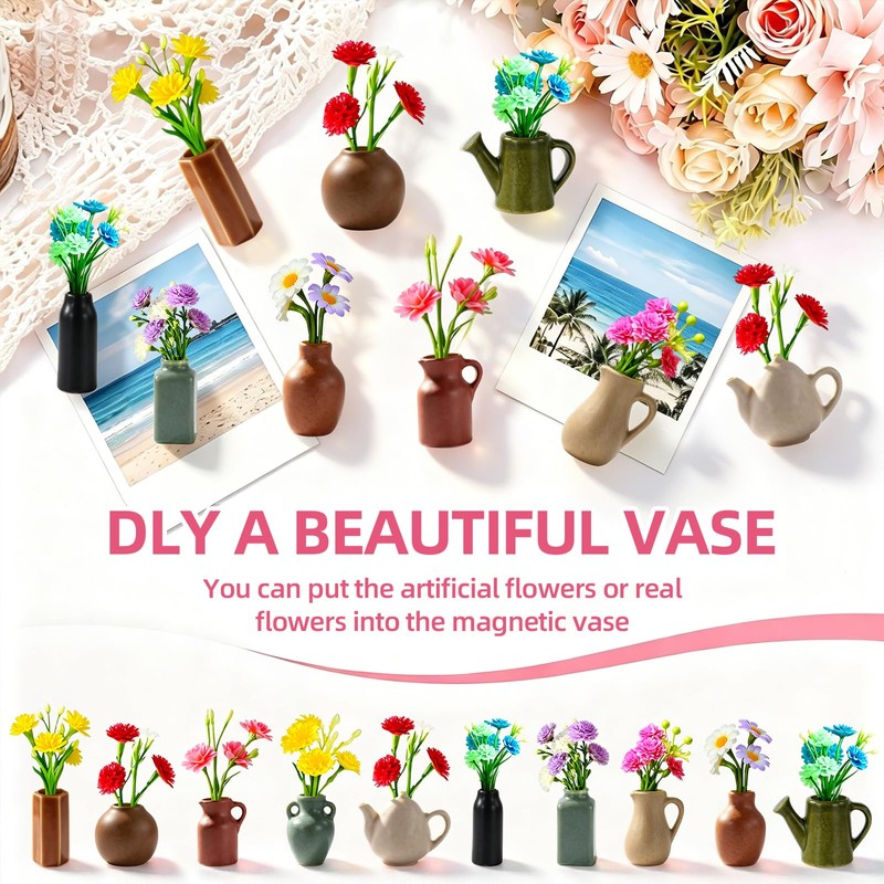 10 Pack Cute Mini Ceramic Vase Fridge Magnets with Artificial