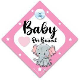 Baby On Board Sign Pink Elephant, Baby On Board Sign, Grandchild On Board Car Window Sign, High Visibility Advisory Car Sign Designed to Let Other Road Users a Child is in The Car, 14 cm x 14cm x 2cm