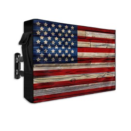 Lsrtoss American Flag Outdoor TV Cover 70-75 Inch Weatherproof, Vintage Wood Enclosure With Zipper & Roll Up Front Flap, Red Striped Blue Star Waterproof for Outside Flat Screen