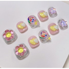 JIEADJIE Children’s Sizes Press On Nails (100% Handmade),for Schoolchild,Handmade Painted Nail Art by Nail Technician,Schoolchild Version… (sweetheart, Medium)