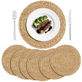 ABUDA 6 Manteles Individuales Tejidos Redondos, Tejido Rústico manteles Individuales, Mantel Individual de ratán Natural de 30 cm para Mesa, Resistentes al Calor y Antideslizantes