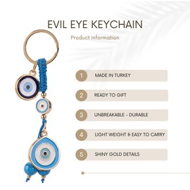 BCS Evil Eye Keychain for Car & Home Key Evil Eye Bag Charm Metal Nazar Amulet Accessories for Women Good Luck and Protection Charm Multicolor 0.8” W x 4” L (Blue)