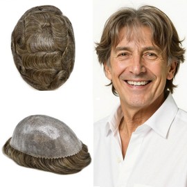 Toupee For Men Hair Pieces Real Human Hair Replacement System Poly Skin Hair Piece For Men Hair System Protesis Capilar Para Hombre 6X8 120% Density #540-5 Medium Light Brown+40% Grey