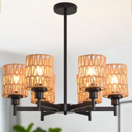 Giawosth 6-Light Black Rattan Chandelier for Kitchen Island, Farmhouse Boho Pendant Light with E26 Base, Adjustable Height Rustic Ceiling Hanging Lamp for Dining Room Living Room Bedroom