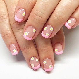 24Pcs Spring Press on Nails Cute Flower Design Fake Nails Pink Nail Tip Acrylic Nails Full Cover Glossy False Nails Short Square Nails Reusable Stick on Nails for Women Girls Spring Summer Nail Art