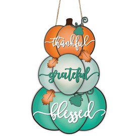 FYSUIMU Fall Door Sign Blessed Grateful Thankful Pumpkin Wooden Hanging Sign Rustic Front Door Hanger for Autumn Thanksgiving Party Farmhouse Home Porch Decor
