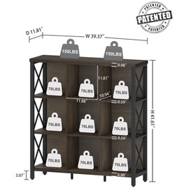 FATORRI 9 Cube Storage Bookshelf, Modern 4 Shelf Book Shelf, Wood and Metal Cubby Bookcase for Home Office (39.38" W, Walnut Brown)